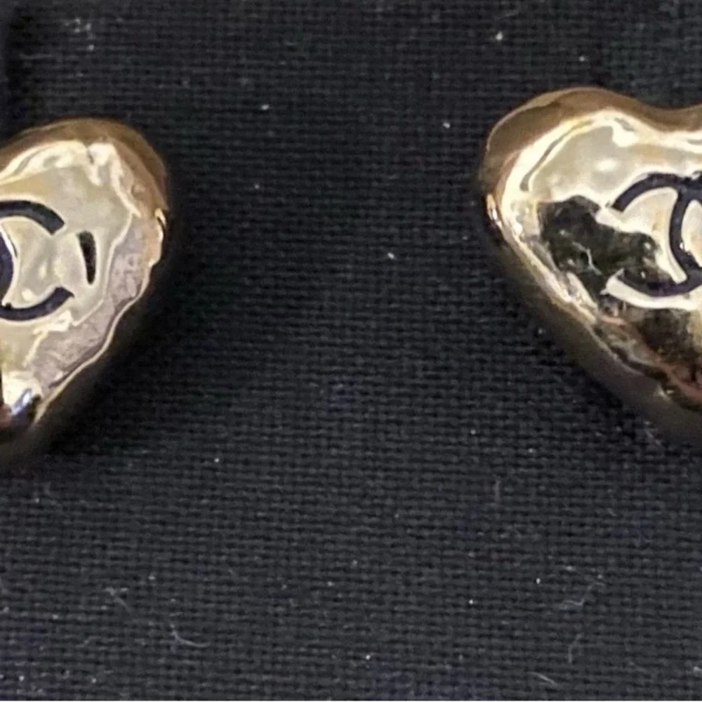 CHANEL Gold Heart Earrings Studs with Black CC Emblem and Paper Insert